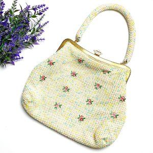 Vintage White Yellow Blue Floral Beaded Handbag